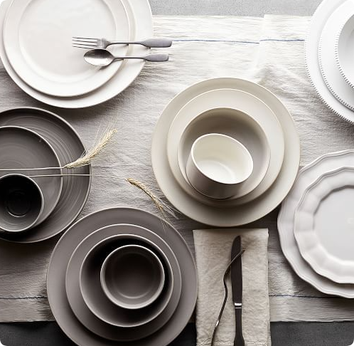 often in white or muted tones tableware