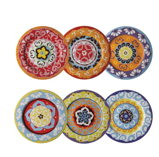 vibrant hand painted ceramic plates inspired by mediterranean patterns are popular for formal dining settings.