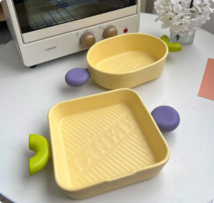 beige family household daily use kitchen bbq barbecue food baking square round ceramic porcelain baking pan bowl for baking