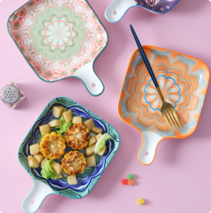bohemian style moroccan hot sale stock colorful padprintig ceramic square bakeware baking fried pans with handle