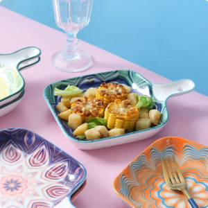bohemian style moroccan hot sale stock colorful padprintig ceramic square bakeware baking fried pans with handle