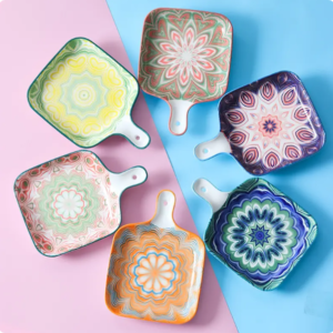 bBohemian Style Moroccan Hot Sale Stock Colorful Padprintig Ceramic square Bakeware Baking Fried Pans with Handle