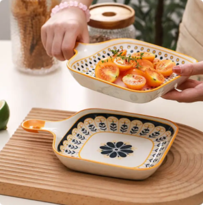 ceramic single handle dish nordic square dish baking pan cheese plate dinner plate creative retro baking pan with handle plate