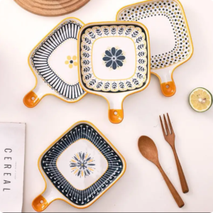 ceramic single handle dish nordic square dish baking pan cheese plate dinner plate creative retro baking pan with handle plate
