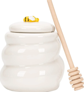 Classic Ceramic Honey Pot with Lid and Wooden Dipper Handmade Porcelain Honey Jar Kitchen