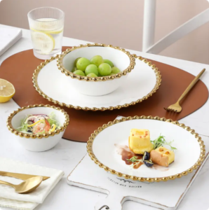 creative white porcelain plate and bowl dishes set with gold beads edge new modern dinnerware for wedding decor