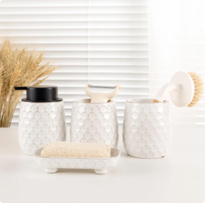 Custom Modern Wholesale Hotel Supplies Decor Designer Soap Dispenser Dish Toothbrush Holder Ceramic Bathroom Accessories Set for 4