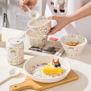 Cute Crockery Cartoon Patterns Ceramic Tableware Bowl Cup Spoon Plates & Dishes Porcelain Dinnerware Sets for Home and Kitchen bowl