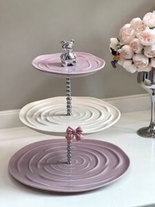 dessert serving dish 3 layer cookie cake plates ceramic candy stand with metal stand