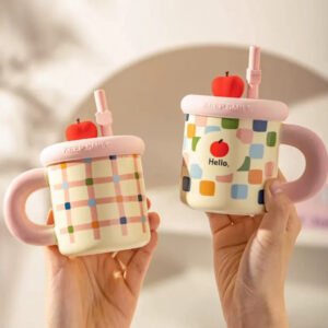 Factory direct sales pink series checkerboard pattern ceramic mug with straw