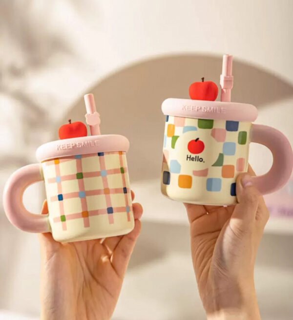 Factory direct sales pink series checkerboard pattern ceramic mug with straw