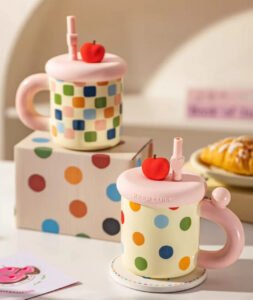 factory direct sales pink series checkerboard pattern ceramic mug with straw