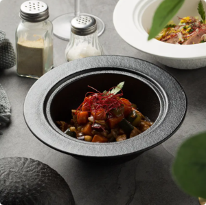 wholesale country club restaurant hotel vajilla retro coarse plate rustic speckle grey porcelain dinnerware plate bowl set (copy)