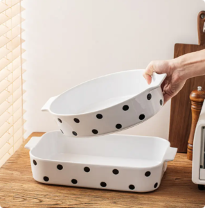 Home Baking Dishes & Pans Nordic Polka Dot White Bakeware with Handle Oval Ceramic Baking Dishes for baking