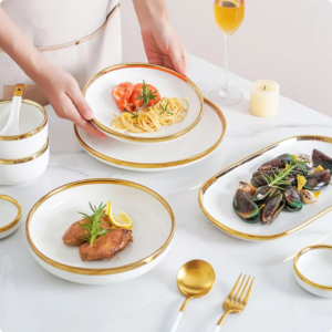 hot sale nordic color glaze marble gold rim dishes plate sets crockery tableware porcelain ceramic dinner plate dinnerware gold dinnerplate