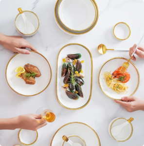 hot sale nordic color glaze marble gold rim dishes plate sets crockery tableware porcelain ceramic dinner plate dinnerware gold dinnerplate