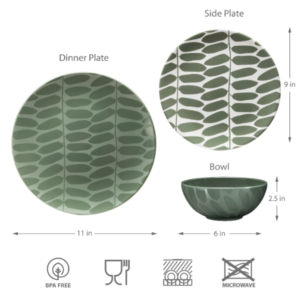 luxury modern melamine dinnerware set for 4, durable plastic dishes leaf with green plate and bowls