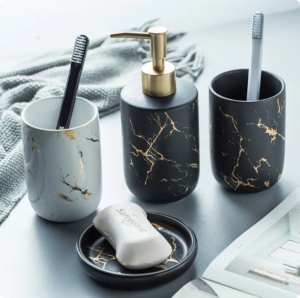 marble design ceramic bathroom accessories set soap dispenser soap dish toothbrush cup for 4