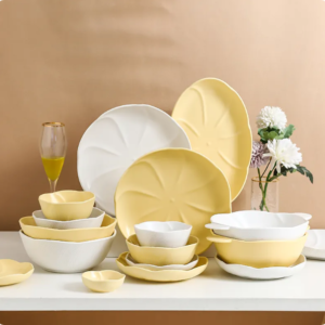 Matte Surface Ceramic Dinnerware Set with Embossed Pattern Porcelain Plate Bowl and Sauce Dish for Daily Home Use Color Enamel