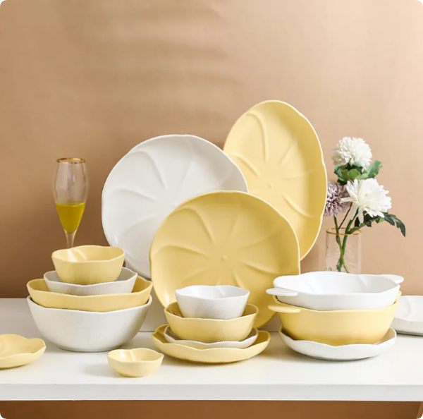 Matte Surface Ceramic Dinnerware Set with Embossed Pattern Porcelain Plate Bowl and Sauce Dish for Daily Home Use Color Enamel