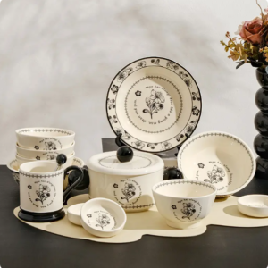 matte surface ceramic dinnerware set with embossed pattern porcelain plate bowl and sauce dish for daily home use color enamel (copy)