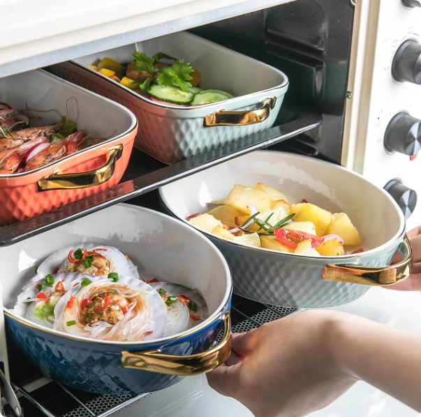 nordic matte color japanese type ceramic porcelain breakfast round bakeware set microwave oven dish pan baking tray with handle (copy)