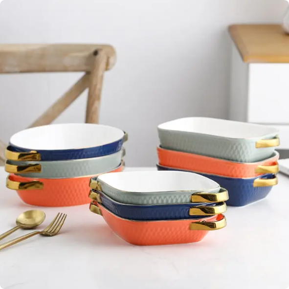 nordic matte color japanese type ceramic porcelain breakfast round bakeware set microwave oven dish pan baking tray with handle (copy)