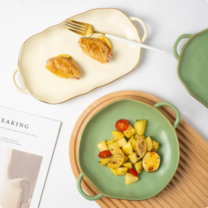 Nordic Matte Color Japanese Type Ceramic Porcelain Breakfast Round Bakeware Set Microwave Oven Dish Pan Baking Tray With Handle