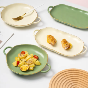 Nordic Matte Color Japanese Type Ceramic Porcelain Breakfast Round Bakeware Set Microwave Oven Dish Pan Baking Tray With Handle