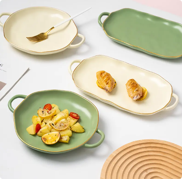 Nordic Matte Color Japanese Type Ceramic Porcelain Breakfast Round Bakeware Set Microwave Oven Dish Pan Baking Tray With Handle