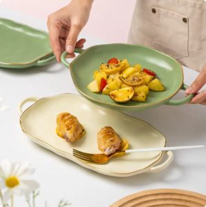 Nordic Matte Color Japanese Type Ceramic Porcelain Breakfast Round Bakeware Set Microwave Oven Dish Pan Baking Tray With Handle