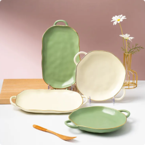 Nordic Matte Color Japanese Type Ceramic Porcelain Breakfast Round Bakeware Set Microwave Oven Dish Pan Baking Tray With Handle