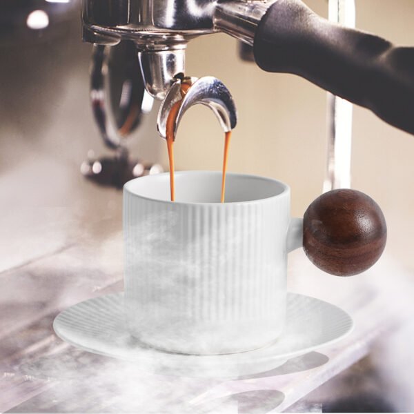 OEM factory 9oz porcelain cup and saucer white ceramic cup saucer with wooden handle
