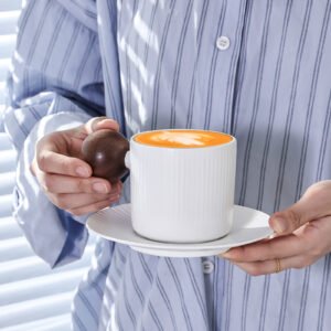 oem factory 9oz porcelain cup and saucer white ceramic cup saucer with wooden handle