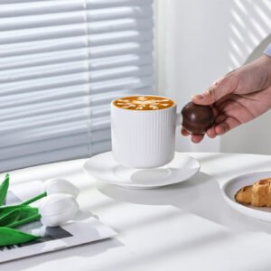 oem factory 9oz porcelain cup and saucer white ceramic cup saucer with wooden handle