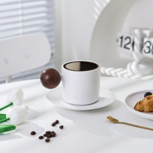 oem factory 9oz porcelain cup and saucer white ceramic cup saucer with wooden handle