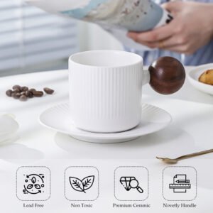 oem factory 9oz porcelain cup and saucer white ceramic cup saucer with wooden handle