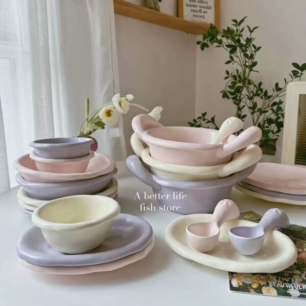 Wholesale Cream Style Ins Inspired Tableware Set Ceramic Rice & Plate Eating Bowl Dinnerware Combination for Households