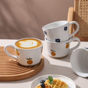 wholesale stoneware 12oz petal pattern ceramic coffee cup with handle