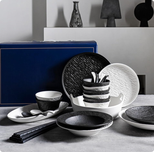 black and white ceramic tableware in home kitchens