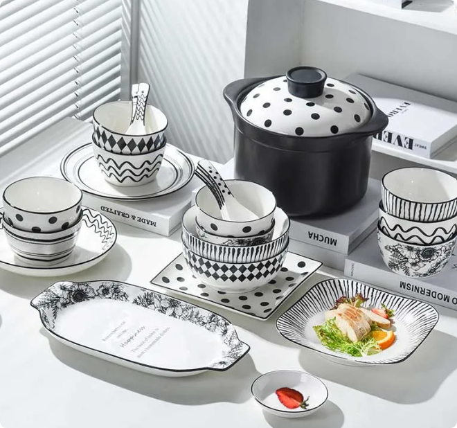 black and white ceramic tableware in home