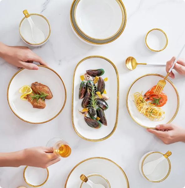 hot sale nordic color glaze marble gold rim dishes plate sets crockery tableware porcelain ceramic dinner plate dinnerware wedding plate