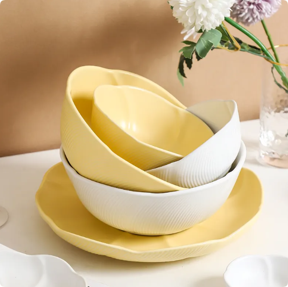 matte surface ceramic dinnerware set with embossed pattern porcelain plate bowl and sauce dish for daily home use color enamel bowl