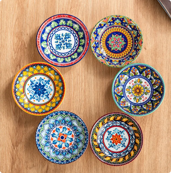 moroccan bohemian style stoneware plate sauce bowl colorful dinner sauce dish set for home kitchen use microwave dishwasher safe dish
