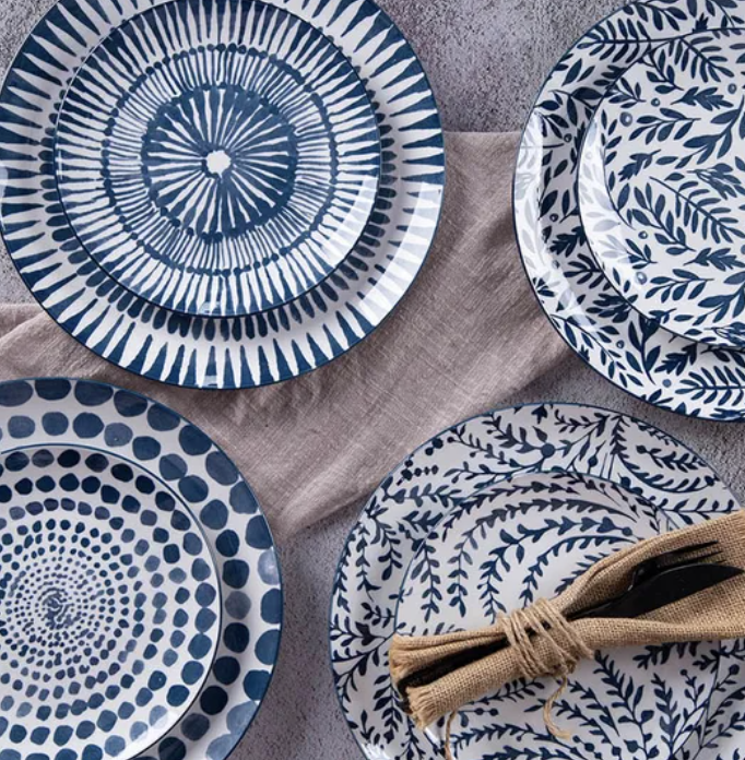 a white porcelain plate with a geometric blue patterns